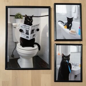 Black Cat Bathroom Wall Decor Set (Framed)